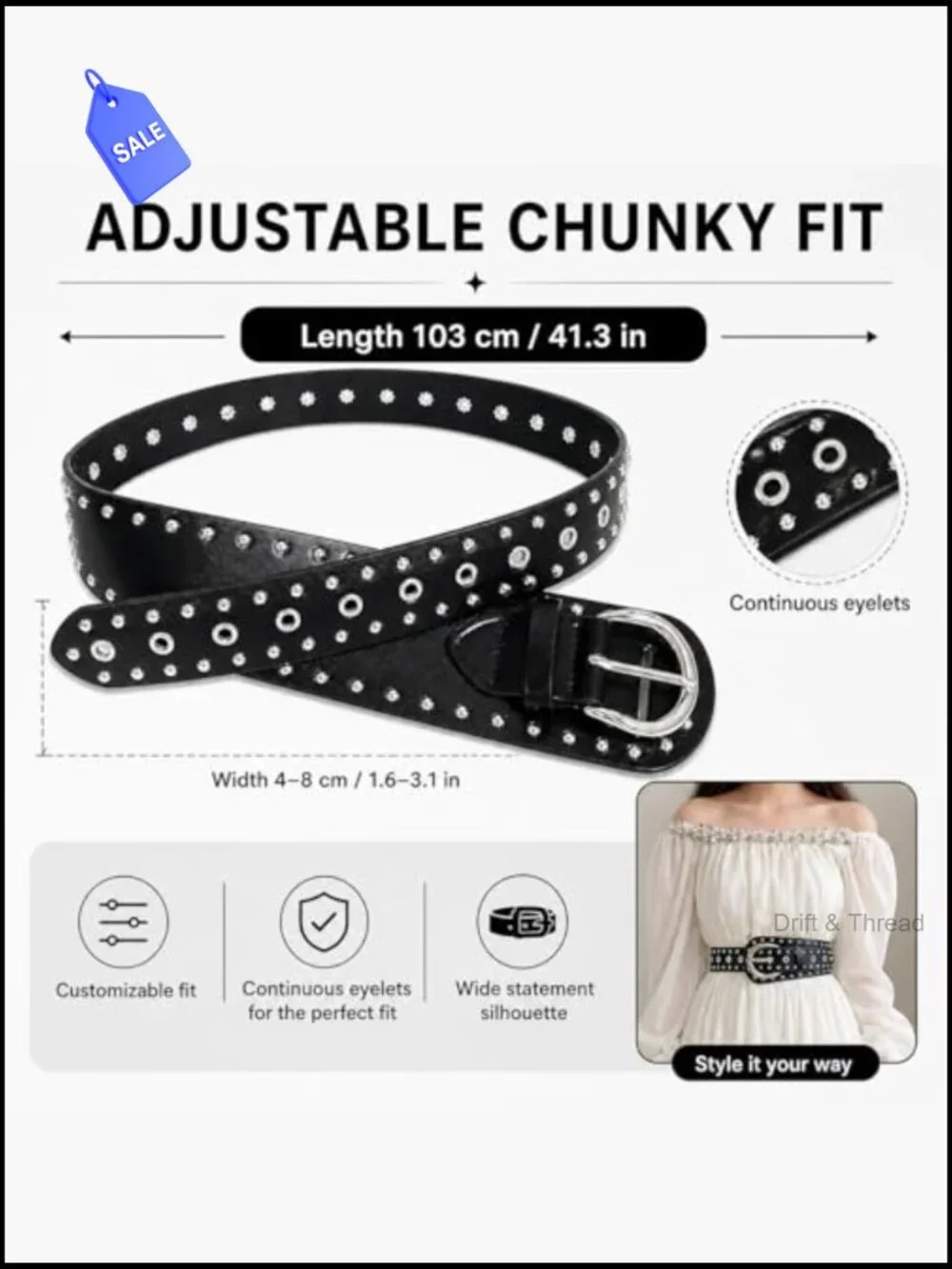 Y2K Studded Belt Chunky Punk Goth Emo Belt for Jeans